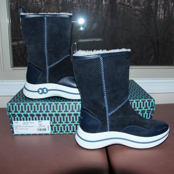 Tory Burch Gemini Link Leather Platform Shearling Boot Navy/Sirena ; Size 11 - Picture 6 of 10